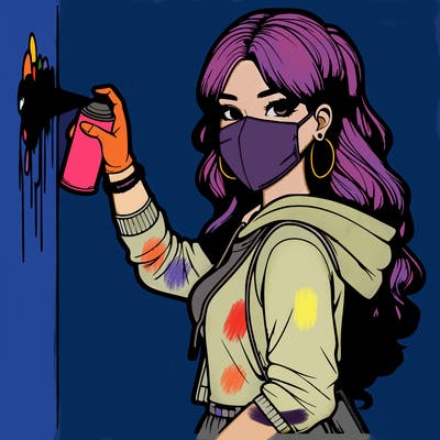 realistic girl with mask spray painting a wall