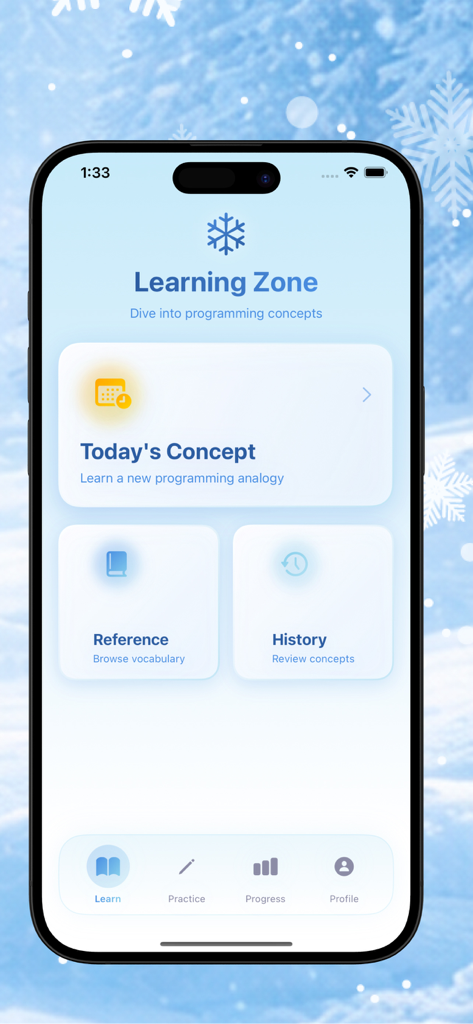 Ice Stack - Interfaz de la Zona de Aprendizaje de la aplicación Ice Stack que muestra opciones para conceptos de programación diarios, referencia de vocabulario e historial de aprendizaje.