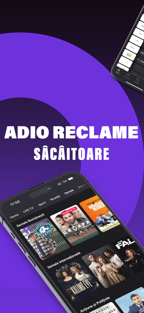 Voyo.ro - Smartphone mit der Voyo.ro-App-Oberfläche mit rumänischen Serien und einer Nachricht über werbefreies Streaming