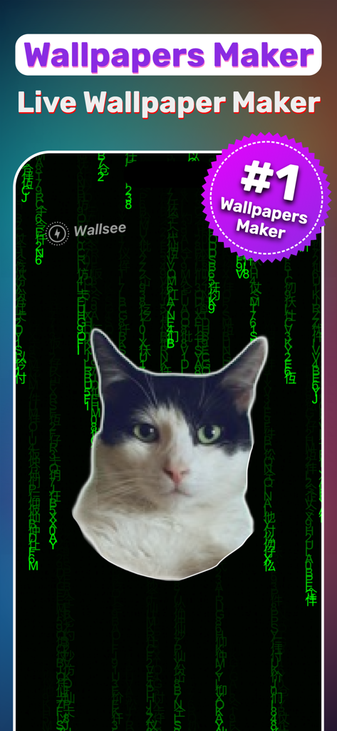 A custom live wallpaper of a cat head on a green matrix background in the WallSee app