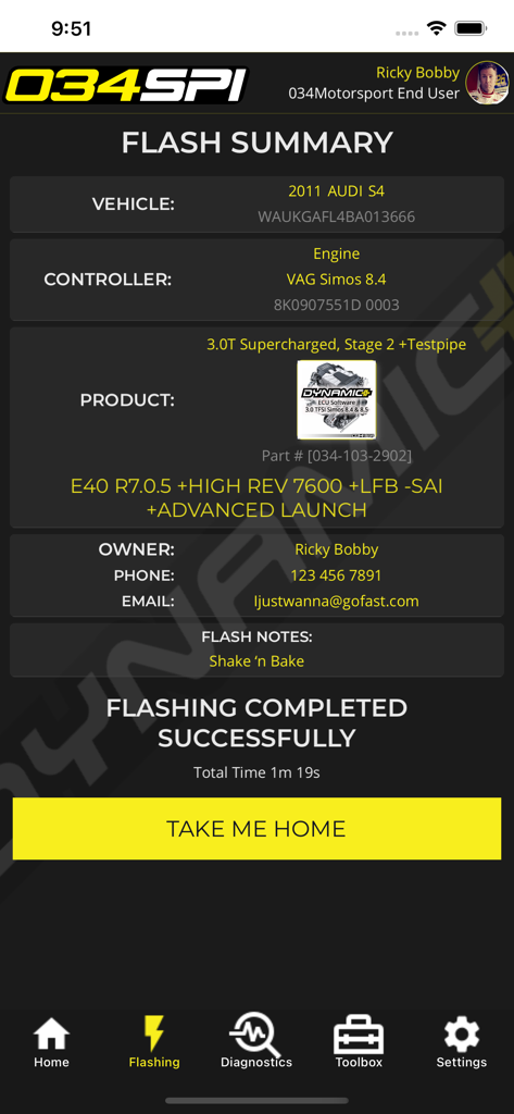 034SPI - Pantalla de resumen de flasheo de ECU exitoso para un Audi S4 2011 en la aplicación móvil 034SPI.