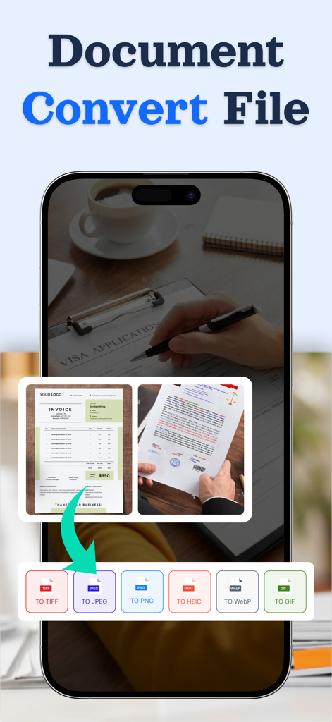 Doc Scanner - Fast PDF Creator - Doc scanner app interface showing various file conversion options like JPEG PNG and TIFF for scanned documents