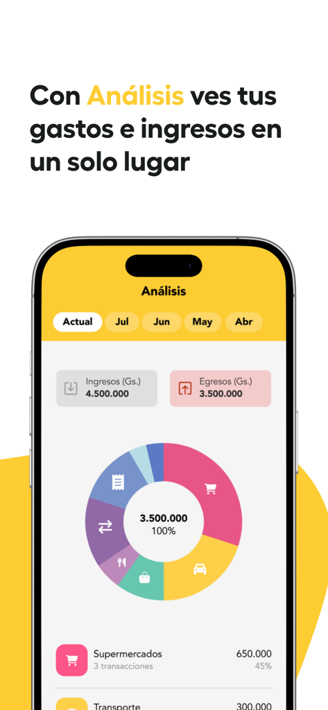 Vaquita - Panel financiero de la aplicación móvil Vaquita mostrando análisis de gastos e ingresos con un gráfico de dona colorido