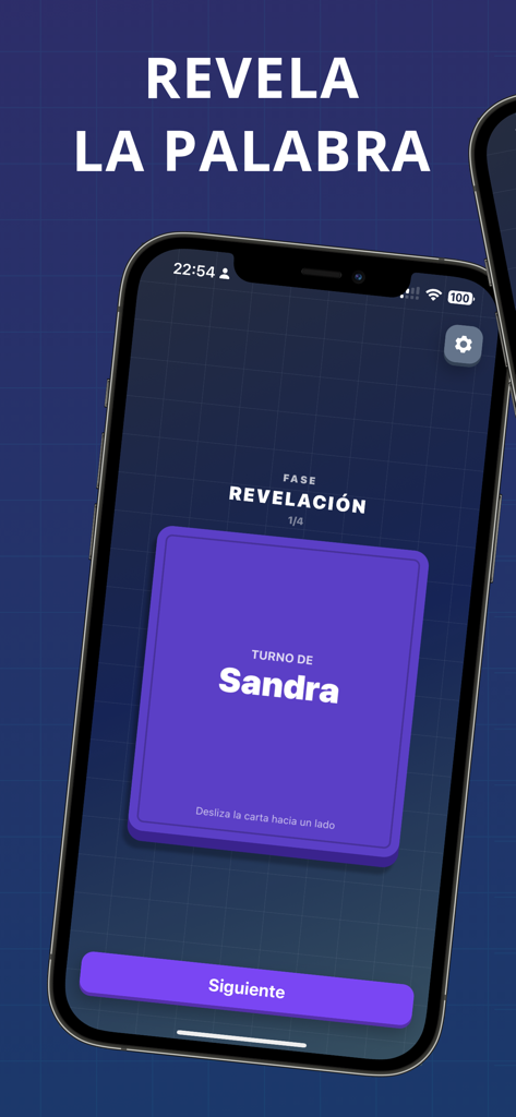 Un smartphone mostrando la fase de revelación en el juego de deducción social SuspectGuess donde los jugadores revelan la palabra secreta