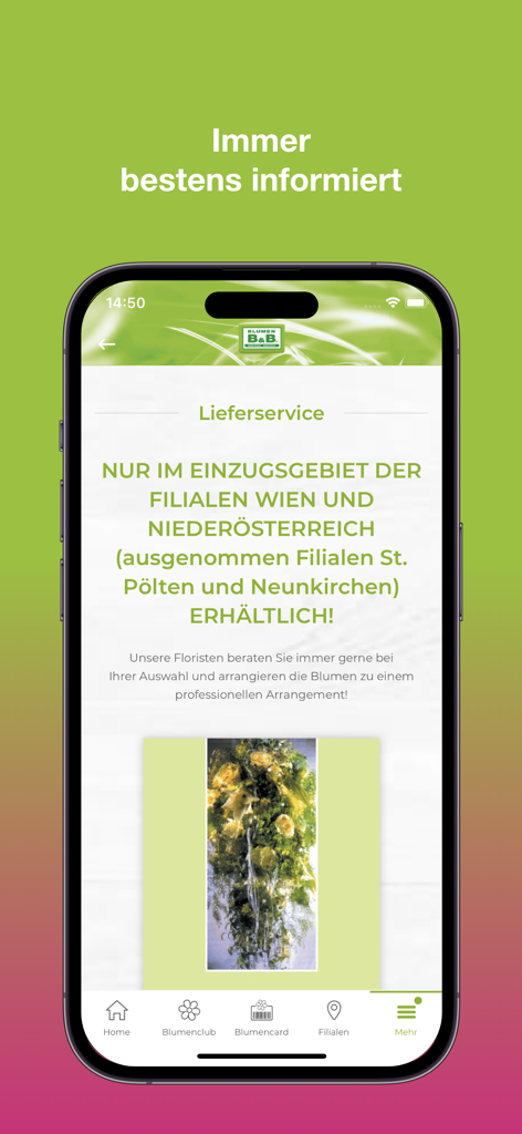 Blumen B&B - Pantalla de la aplicación móvil que muestra la disponibilidad del servicio de entrega floral y arreglos florales profesionales.