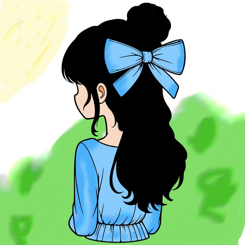 realistic girl  with hip length hair a bun and a big bow on the back of head