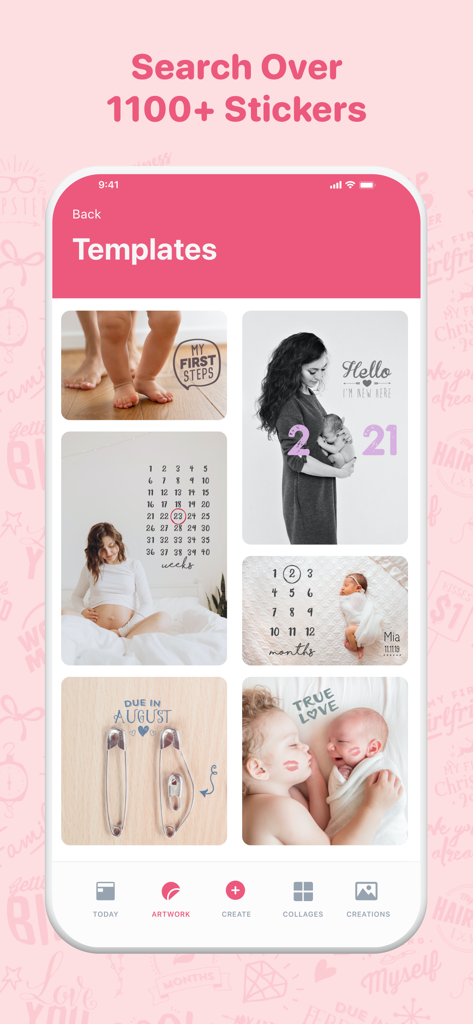 Baby Pics - AI Photo Editor - Pantalla de la aplicación Baby Pics que muestra varias plantillas de fotos de hitos del bebé y del embarazo con pegatinas.