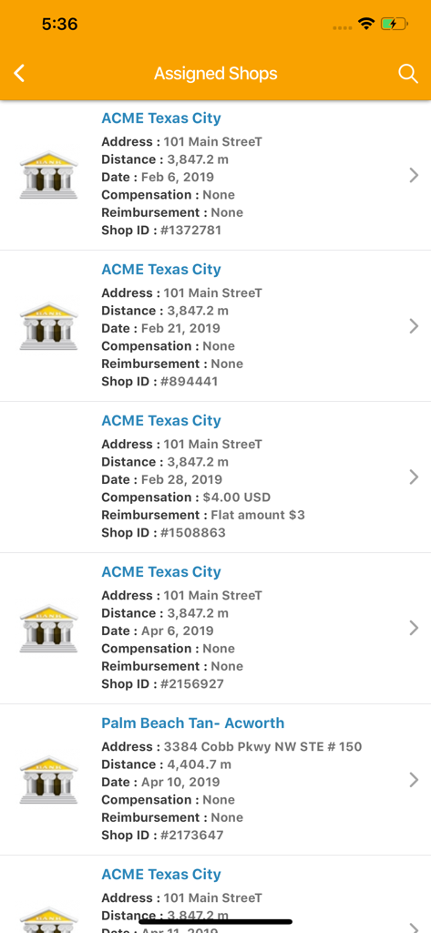 iSecretShop app screen showing a list of assigned mystery shopping tasks including locations and compensation.