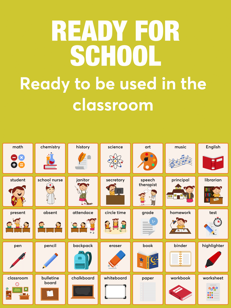 Fluent AAC: Communication App - A visual grid of school themed communication icons including subjects school staff and classroom supplies for the Fluent AAC app