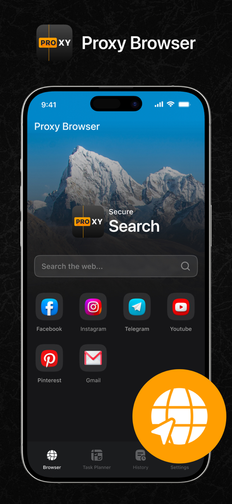 Proxy Browser app home screen featuring secure search and quick access links to social media.