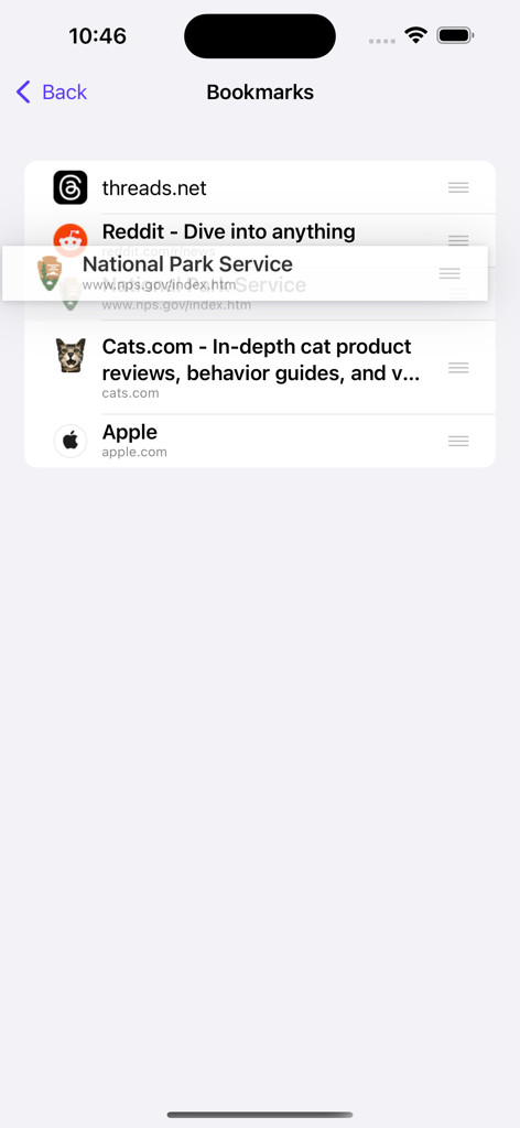 Luna Browser for Watch - iPhone companion app screen showing a list of bookmarks like Reddit and Apple for the Luna Browser for Watch