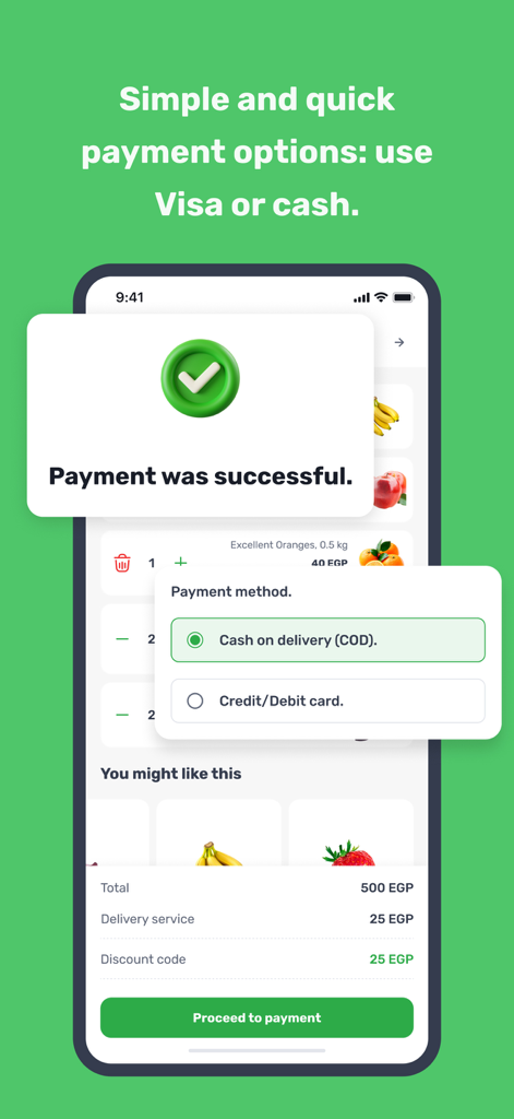 Tazah mobile app checkout screen showing cash on delivery and card payment options with a success message