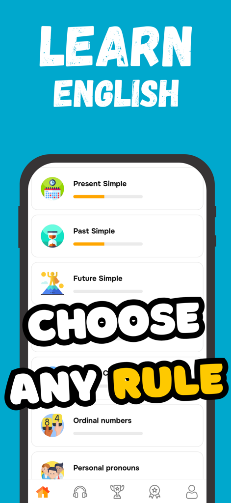 English Grammar: Gramaro - Écran de l'application Gramaro affichant une sélection de règles de grammaire anglaise comme le Présent Simple et le Passé Simple