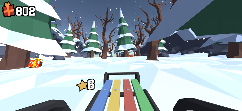 Snow Rider 3d ! - First person view of a colorful sled sliding through a snowy 3D forest.