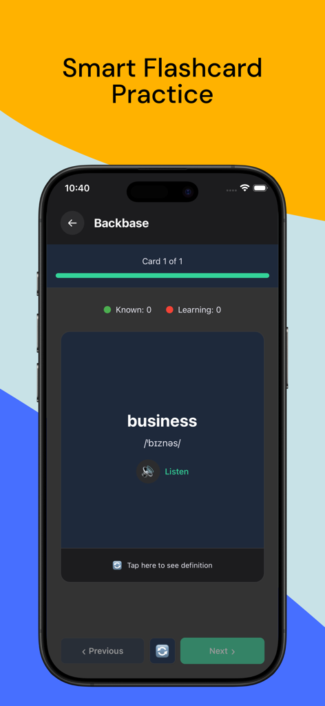 English Mastery - TOEIC, IELTS - Smart flashcard practice interface showing the word business with phonetic transcription and audio listen button