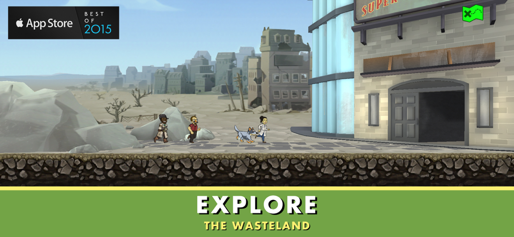 Vault Dwellers and a dog exploring the post-apocalyptic wasteland in Fallout Shelter