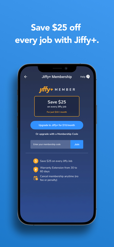 Pantalla de membresía Jiffy plus que muestra un descuento de veinticinco dólares en servicios de mantenimiento del hogar por diez dólares al mes
