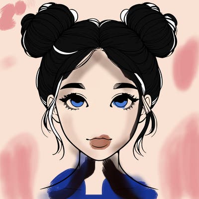 realistic girl with two buns on top of her head