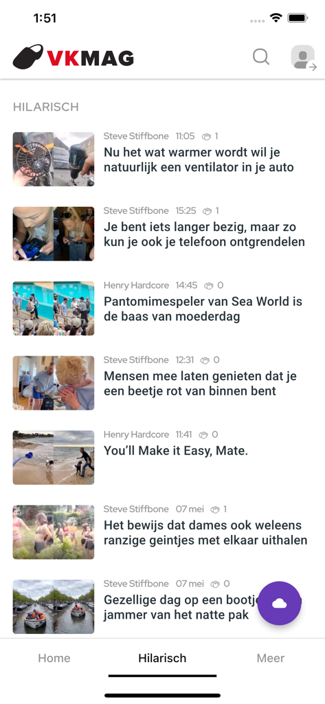 Interfaz de la aplicación VKMag que muestra una lista de noticias virales y videos divertidos.