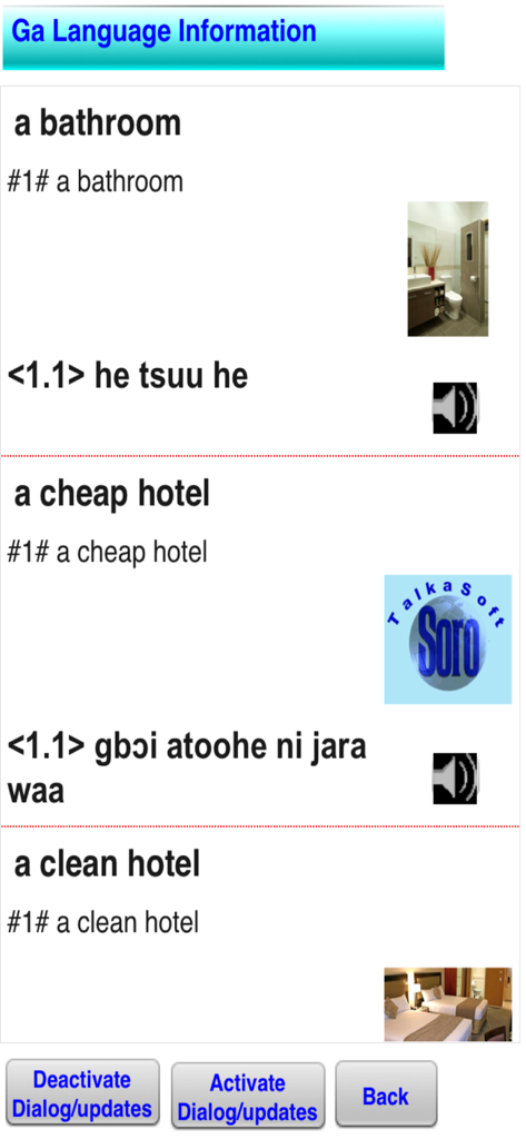 Speak and Write Ga Language - Interface of the Ga language learning app showing English phrases with their translations and audio icons for pronunciation