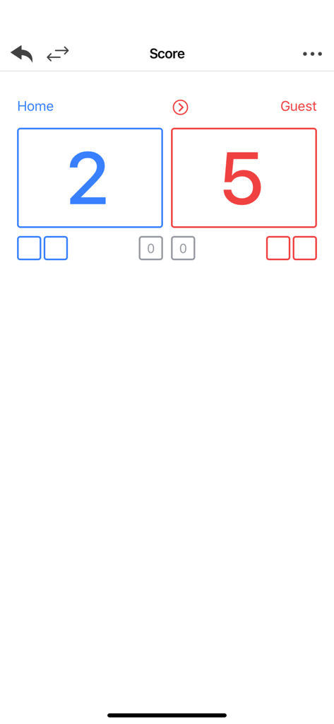 Volleyball scoreboard interface displaying scores of 2 and 5 for home and guest teams