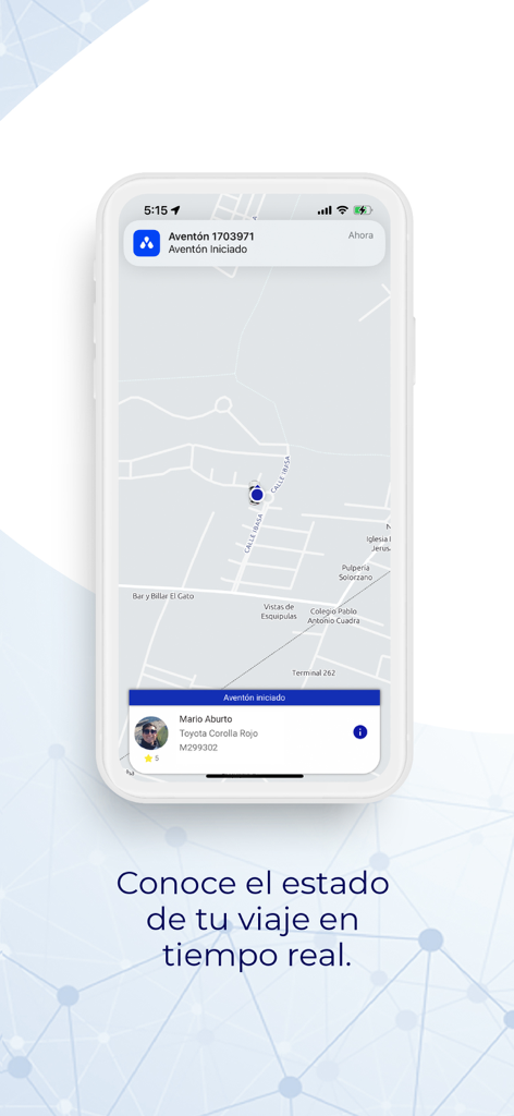 Aventón - Captura de pantalla de la aplicación móvil Aventon que muestra el seguimiento del viaje en tiempo real en un mapa con detalles del conductor en español