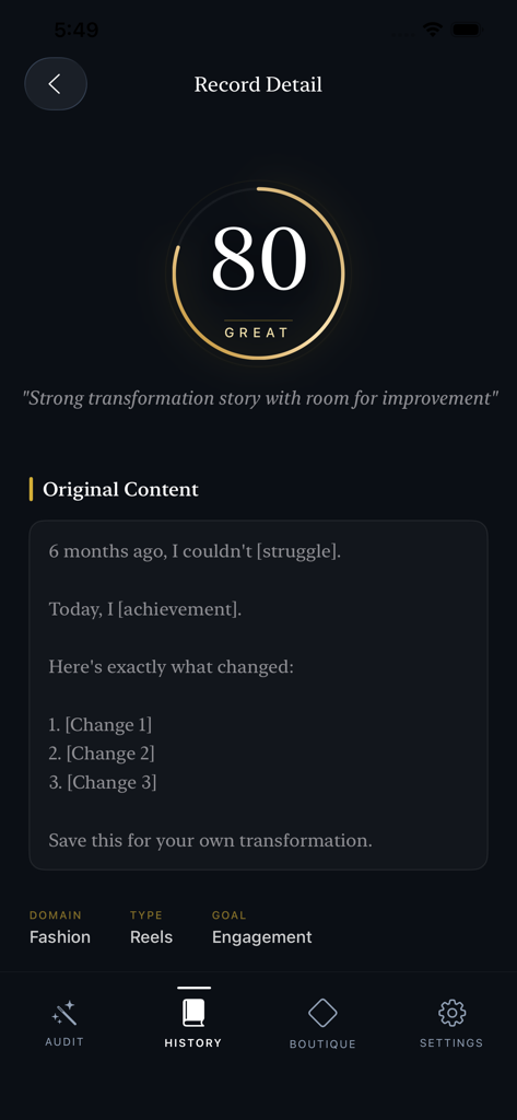 Tik Fast -Follower,Like,Fan,s - Tik Fast app screen displaying an AI content analysis score of 80 for a fashion reel post.