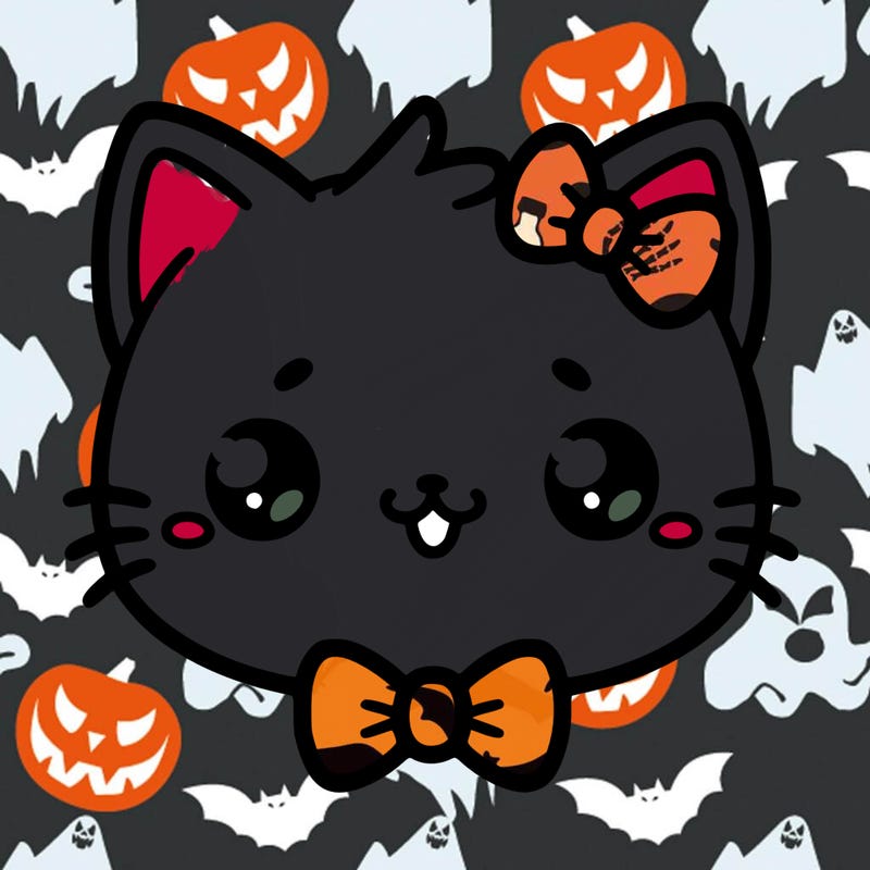 kawaii cat with a bow tie hanging from his ear