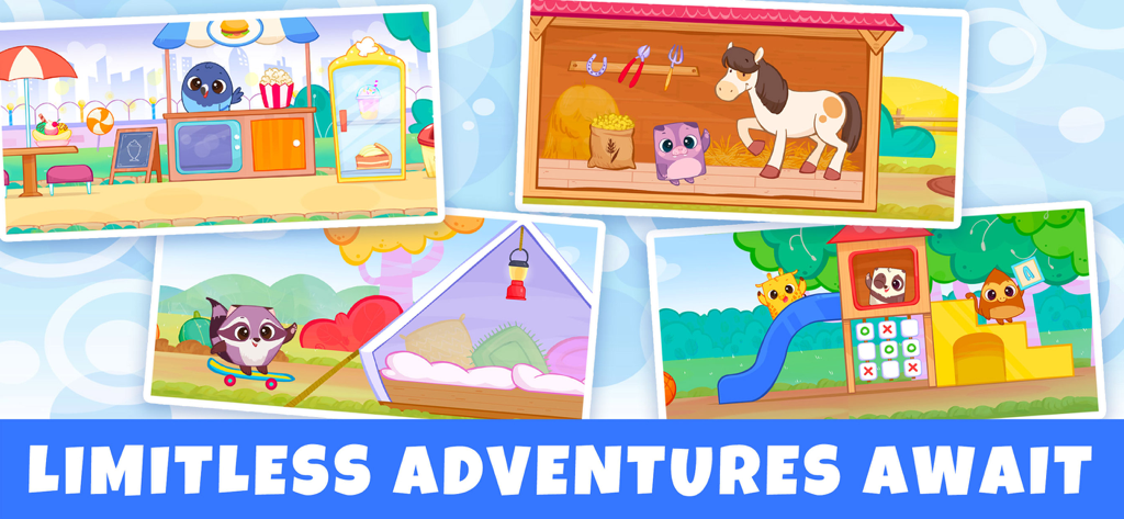 Bibi World: Games for Kids 3-6 - Un collage que muestra diferentes escenas interactivas de la aplicación Bibi World, incluyendo una granja, un parque infantil y un puesto de comida.