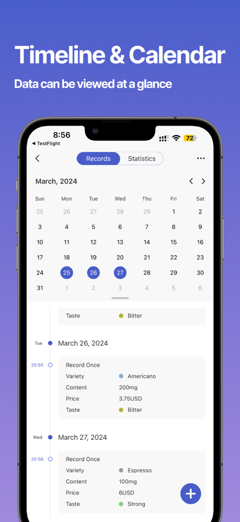MarkTimes app interface showing a monthly calendar view and a detailed chronological timeline of tracked daily activities and habits.