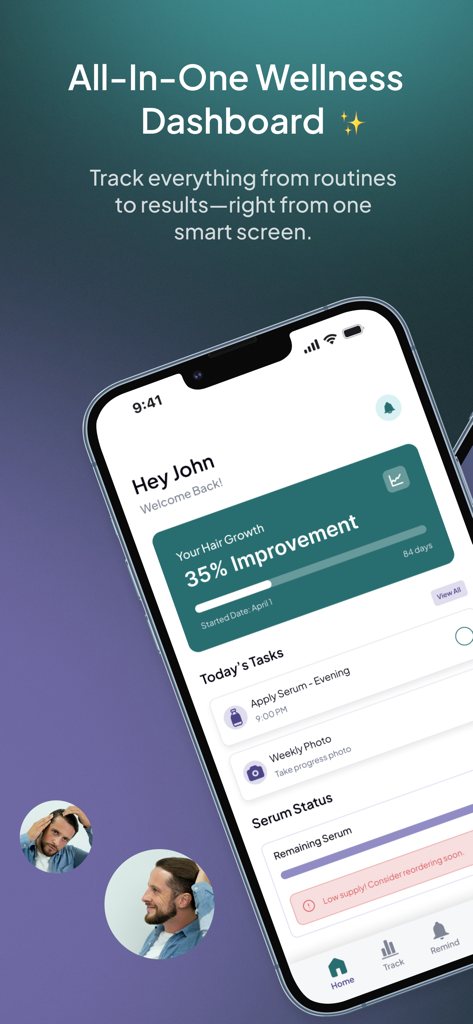 Fleava: Hair Health for Men - Fleava app wellness dashboard displaying a 35 percent hair growth improvement progress bar and daily hair care tasks.