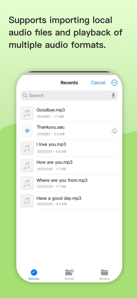 Interface of the BirdTalker app showing a list of recent audio files like Goodbye and Thank You for bird training.