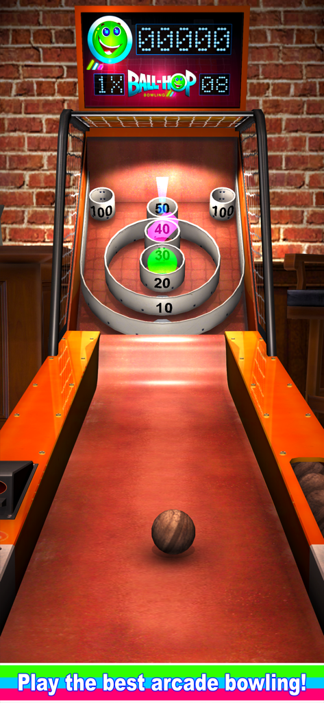 Ball-Hop Bowling - A 3D arcade alley roller game showing a wooden ball on a lane facing circular point targets.