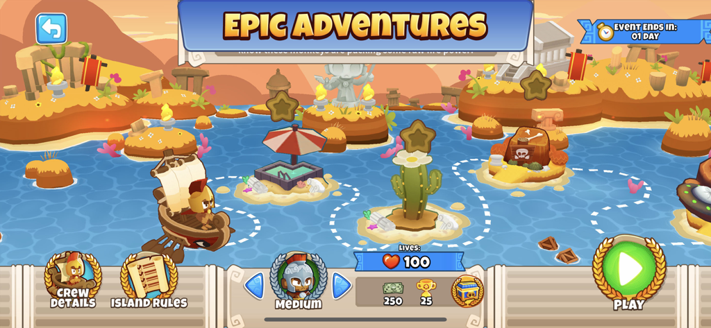 Bloons TD 6 Netflix Epic Adventures game map screen with monkey heroes and islands.