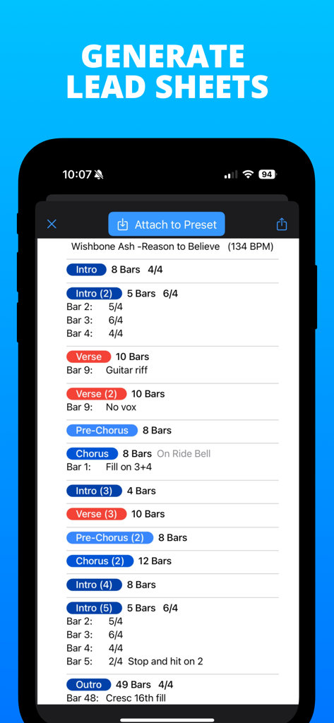 PolyNome: THE Metronome - PolyNome app interface displaying a generated lead sheet with song sections and time signatures for a music track.