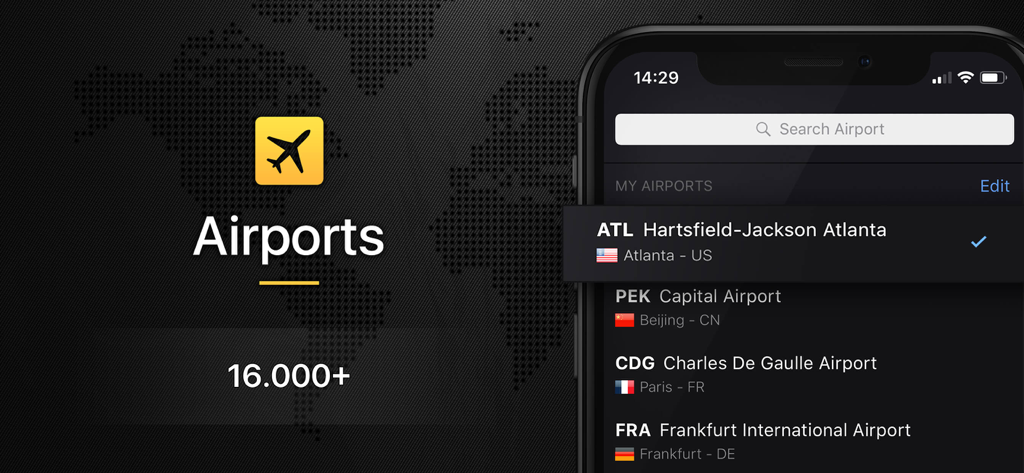 Flight Board - Smartphone screen showing the Flight Board app with a list of global airports including Atlanta and Beijing
