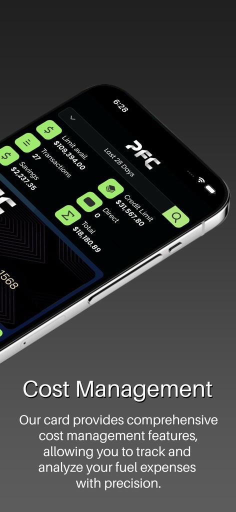 Pro Fuel Card - Smartphone showing the Pro Fuel Card app cost management dashboard for tracking fleet fuel expenses