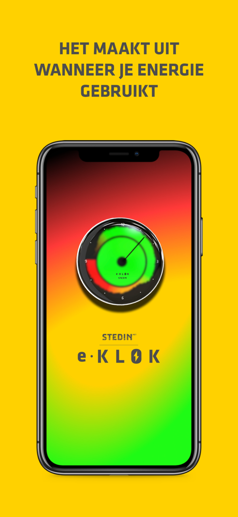 Stedin eKlok - Teléfono inteligente que muestra la aplicación Stedin eKlok con un dial circular codificado por colores para la optimización del consumo de energía.