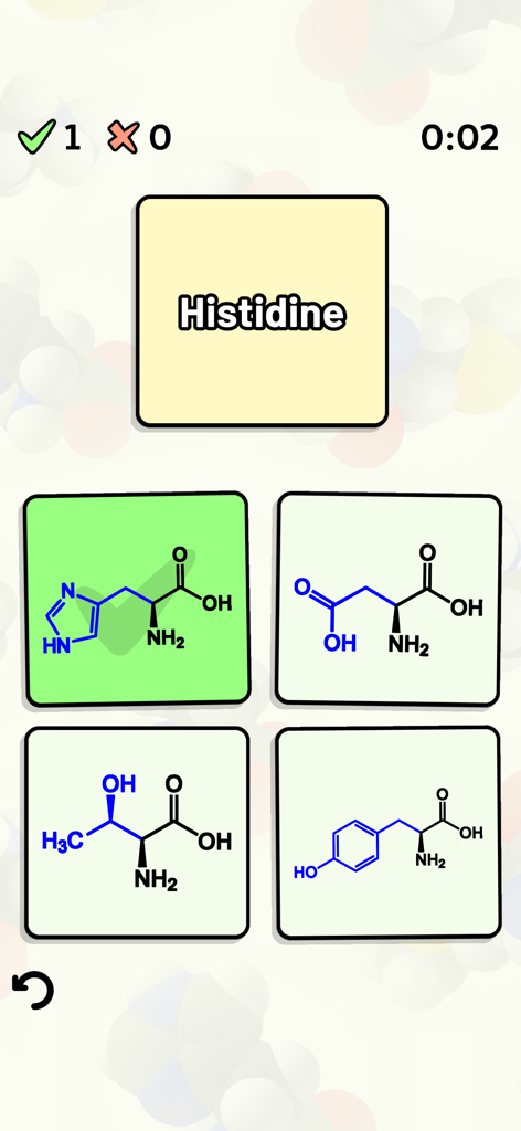 Amino Acid Quiz - A mobile quiz screen asking to identify the chemical structural formula of the amino acid Histidine with multiple choice options.