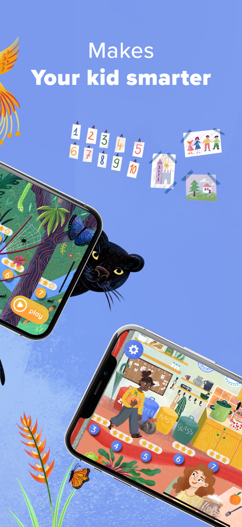 Smart Kiddo Montessori Kids 3+ - Two mobile screens showing jungle and sorting activities from the Smart Kiddo Montessori app