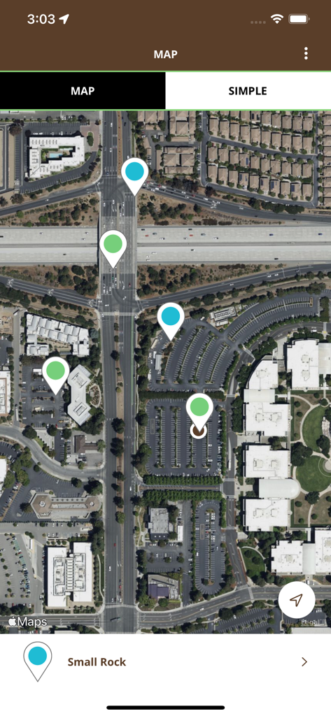 Pinpoint Perfect - A satellite map view in the Pinpoint Perfect app showing multiple blue and green location pins with a selected marker labeled Small Rock