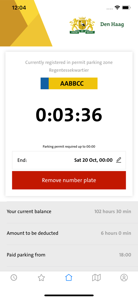 Parkeren Den Haag - Parking registration screen showing active timer and license plate in The Hague app