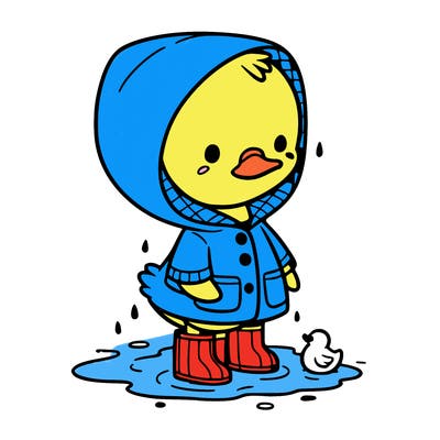 baby duck in a rain coat and boots, in a puddle while it’s raining