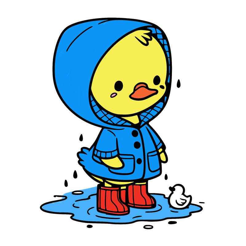 baby duck in a rain coat and boots, in a puddle while it’s raining