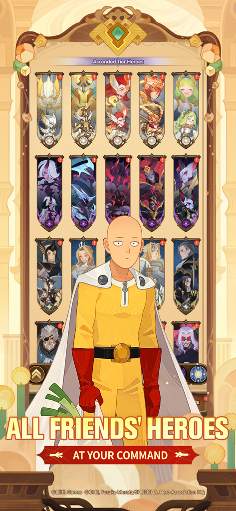 Saitama from One Punch Man standing in front of a hero collection list in AFK Arena