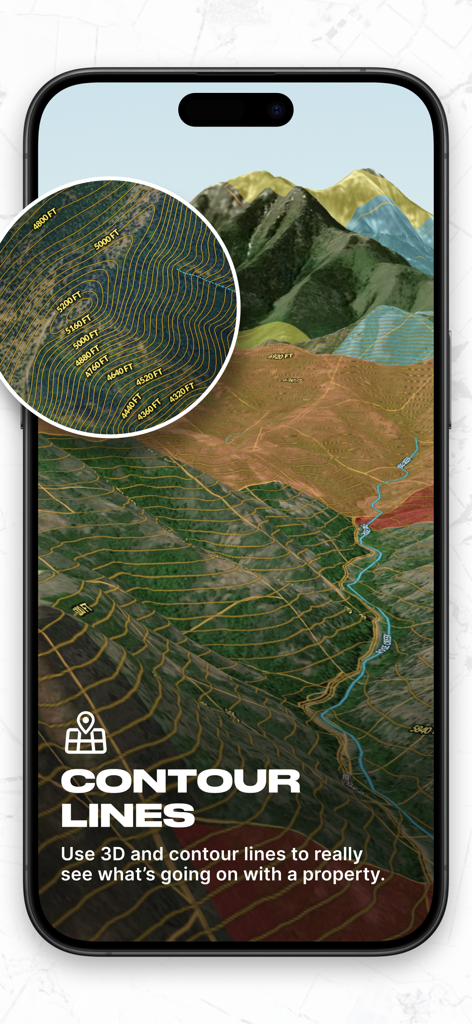 Land id mobile app interface showing a 3D terrain map with detailed contour lines and elevation markings for professional land analysis.