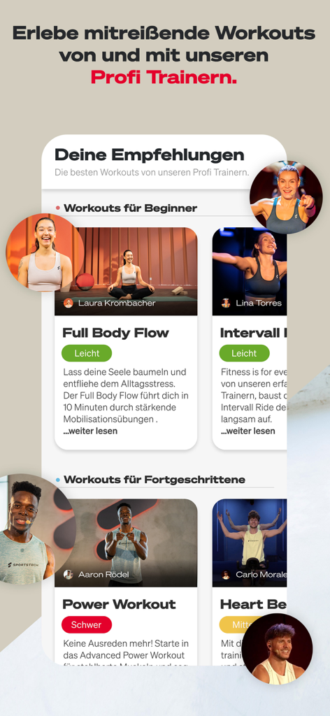 Sportstech Live App-Oberfläche, die personalisierte Trainingsvorschläge für Anfänger und Fortgeschrittene mit professionellen Fitnesstrainern anzeigt