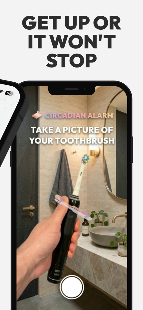 Circadian Alarm: Wake Up Early - A phone screen showing the Circadian Alarm app requiring a photo of a toothbrush to stop the alarm