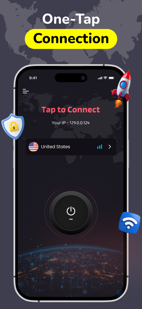VPN - High Speed VPN, VBN, VP - VPN Proxy Master app interface on an iPhone featuring a large one-tap connection button and United States server option