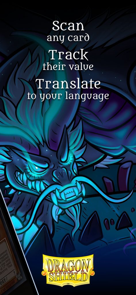 YGO Scanner - Dragon Shield - Introductory screen of the Dragon Shield YGO Scanner app with a blue dragon and text about scanning and tracking card values.